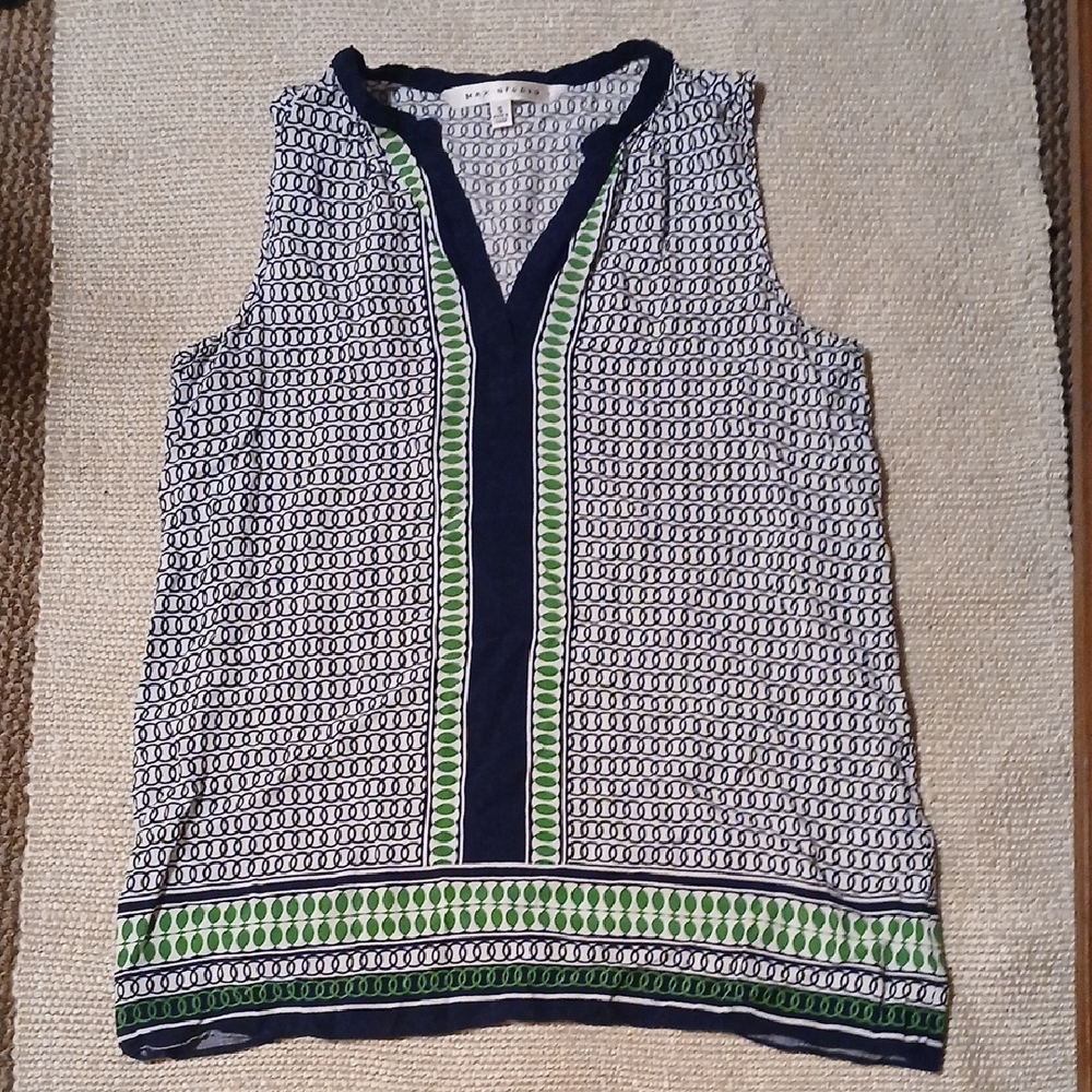 Max Studio Navy & Green Patterned V-Neck Sleeveless Top